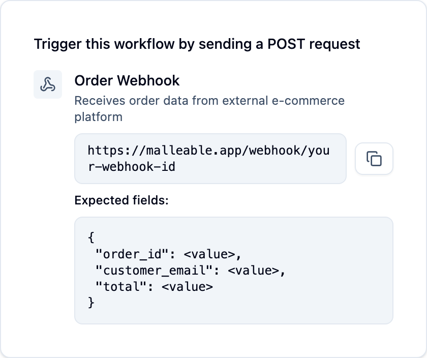 An incoming webhook in the workflow's entry-points panel: the dedicated URL other systems call